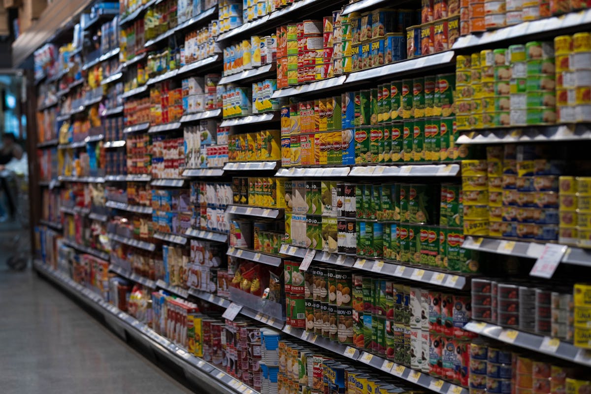 Packed grocery shelves